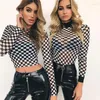 T-shirts pour femmes à plaid noir et blanc rond de ganique