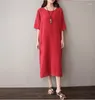 Partykleider Frühlings Sommer Frauen Vollkleid Baumwolle Leinen mittelschlärm O-Neck Festes Hemd Lose Zuhause weiß weiß/schwarz/rot