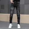 Men's Jeans High end fashion classic unique print black elastic denim mens jeans high-quality slim fit luxury pants Q240427