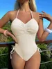 Женские купальники 2024 Сексуально Halter v Neck Badded Women Women Women Swimewear One Piece Swimsuit Женский срезанный кружев