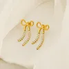 2024 New INS Style Stainless Steel Long Bow Tassel Earrings Women's Gold Personalized Trendy Diamond Earrings Jewelry Gift