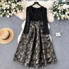 Abiti casual Temperamento Donne Jacquard Midi vestito Elegante collo quadrato Hepburn Vintage Patchhwork Vestidos nero abbigliamento primaverile