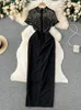 Vestidos de fiesta mujeres vestidos negros vintage de manga corta de manga corta cuentas de uñas elegantes damas casuales vestidos de túnica larga