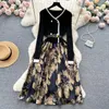 Casual Dresses Elegant Sexy Patchwork V-Neck Long Sleeve Belt Knit Dress Vintage Slim Autumn Winter Ceremonial A-Line Ball Gown