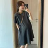 Maternity Dresses Korean plus size pregnant woman dress solid color short sleeved loose casual O-neck elastic shirt mini Q240427