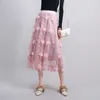 Юбки 3D цветочная вышивка сплайсированной сетчатой юбка Женщины повседневная эластичная высокая талия A-Line Fashion Lool Long Ball Hown T992