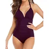 New One-piece Swimsuit Conservative Solid Color Neck Hanging Sexy Slimming Backless