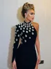 Lässige Kleider sexy ein Schulter Diamanten Maxi Verbandskleid Frauen schwarze Langarmkristallkörper Elegante Abendclubparty