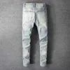 Erkekler Kot Mens Kristal Delik Tear Patch Work Jeans Sokak Giyim Açık Mavi Denim Ultra Yetensiz Kalem Pantolon Pantolon244