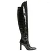 Botas Sexy Faux Leather Tacones gruesos Tacones de rodilla High Punteed Pista Western Black Black Blue Top Winter Tall