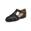 Buty swobodne Ochanmeb Retro naturalne oryginalne skórzane sandały dla kobiet ręcznie robione klamra T-Strap Low Heels Cutout Sandal Woman 34-41