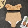 Women's Swimwear Sweet Green Striped Ruffle Bikini Off Shoulder Push-Up Boho High Waist Swimsuit Strapless Two Piece Beachwear