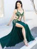 Stage Wear Green Women Belly Dance Performance Dress Sleevelss Diamond Large Swing Fringe Skirt With Chain Classic Competition Dancewear