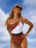 Ställ in en axel klippt ut bikini enpiece baddräkt för kvinnor mesh panel lapptäcke bikini set badkläder 2023 baddräkter strandkläder