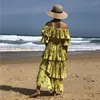 Feestjurken Bohemia Floral Tiered Plisse Midi-jurk Romantische off-the-shoulder geplooide skater Boho Tropical Layed Vacay Holiday Beach