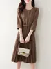 Party Dresses For Women Spring Summer Solid Color Half Sleeve Vintage Brown Pleated Dress Clothing Streetwear Ladies