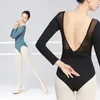 Bühnenbekleidung Rückenfreier Ballett Trikot für Frauen Langarm Mesh Spleiß Tanz Kostüm Erwachsene Elegante Gymnastik Bodysuit Übungskleidung