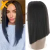 Wigs Medium Brown Color Synthetic Hair Lace Wigs High Temperature Fiber XTRESS Yaki Straight Short Bob Blunt Lace Wig Middle Part