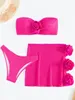 Bandeau 3d blommig bikini set rosröd badkläder 2024 kvinnor 3 stycke ihåliga baddräkt badare strandkläder kvinnlig simning 240426
