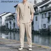 Chiny vintage lniane hafty hanfu zestawy chiński styl garnitur Mężczyzna Tradycyjny Tang kung fu taichi top spodnie Summer Men Botton 240415