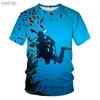 Мужские футболки Mens Summer Sports 3D-печатная футболка Unisex Diving Art Sports Свитер Свитер Случайный модный с коротким рукавом Ope Oper Lize Street Topxw