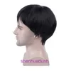 Mens full human hair wig broken bangs short straight natural fluffiness breathability and handsome hand woven spun