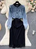 Casual Dresses Vintage Denim Dress Patchwork Design A-Line Jean Woman Elegant Lapel Long Sleeves Female Holiday Vestidos Rober