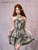 Casual Dresses Mori Style Girl Retro Tie-Dye Printed Spets Halter Cake Dress for Women Subculture Gothic Summer Sexy Sleeveless Mini