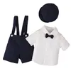 Clothing Sets Little Boys Summer Gentleman Suit Birthday Wedding Party Formal Outfit Short Sleeve Bow Tie Shirt With Suspender Shorts Hat