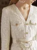 Casual Dresses Susu White Lace Patchwork Mesh Thick Women's Dress Classic Chain Belt V Neck Long Sleeve Vintage Style Spring 2024 Su-D070