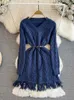 Casual jurken Cledeland vrouwen zoete breien kwastje jurk riem v nek lange mouw een lijn vrouwelijke schattige mode chic mini qd262