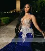 Sparkly Royal Blue Sequined Evening Dresses For African Women Sexy Sheer O-Neck Lace Beaded Formal Party Gowns Plus Size Long Mermaid Second Reception Dress CL3538