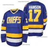 O filme do MoviehockeyHanson Brother Jersey 16 Jack 17 Steve 18 Jeff Charlestown Chiefs costurou Hanson Brother Movie Hockey Jerseys Shipping S-S-XXXL