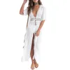 Frauen in Übergröße 5xl Kleider weiße Farbe sexy V-Ausschnitt für Badebekleidung Strandbekleidung Ladies Spitze Badeanzug Maxi Kleid Strickjacke