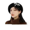 Berets Pearl Bowknot printemps et automne femmes adultes artiste vintage peintre cachemire fur beanie béret laine fille chapeau avec