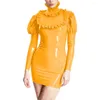 Vestidos casuais brilhantes em couro de pvc gurtleneck puff manga longa vestido de corpo bobo bainha de bainha sexy mini lápis molhado nightclub de látex falsificado