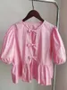 Women's Blouses Zadigant Spring Bow Tie Babydoll losse korte mouwen katoenen roze shirt Top voor vrouwen