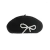 Berets Pearl Bowknot printemps et automne femmes adultes artiste vintage peintre cachemire fur beanie béret laine fille chapeau avec