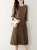 Party Dresses For Women Spring Summer Solid Color Half Sleeve Vintage Brown Pleated Dress Clothing Streetwear Ladies