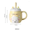 Mugs Ceramic Cartoon Coffee Mug With Lid And Spoon Set Cute Breakfast Milk Office Drinking Water Cup Teacups Drinkware 380ML