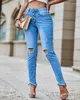 Женские джинсы мода лето повседневная ежедневная джинсовая джинсовая джинсовая панель дизайн кармана с высокой талией разорванные штаны выреза