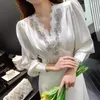 Casual Dresses V Neck Pleat Rhinestone White Sweet Wedding Bridal Evening Dress Elegant Satin Banquet Long Lantern Sleeve High-end Ball