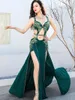 Stage Wear Green Women Belly Dance Performance Dress Sleevelss Diamond Large Swing Fringe Skirt With Chain Classic Competition Dancewear