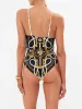 Ställ in Courtl Vintage Gold Print Onepiece Bikini Badkläder Kostym Sexig Fashion Slim Fit Swimsuit med långa byxor Beach Holiday 2024