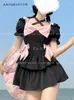 Dames badmode zomer Japanse schattige puff mouw lolita one stuk zwempak vrouwen zoete boog patchwork kawaii slank