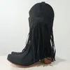 Stiefel Cowboyschuhe für Frauen 2024 Quasten klobige Absätze spitzs grün rote westliche Mode Slip-On-Keil