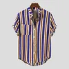 Men's Fashionable Contrasting Striped Thin Short Sleeved Casual Versatile Lapel Shirt