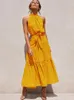 Sukienki swobodne Summer Długie sukienki Polka Dot czarny seksowny kantar bez ramiączek 2024 żółte ubrania wakacyjne dla kobiet