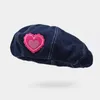 Berets Pink Heart Beret Women Denim Artiste Painter Hat Corée Ins Love Broidered Femme Octogonal Cap y2k Girls Summer Summer