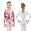 Aoylisey Ballet Dance Shinny Metallic Trikots für Mädchen Gymnastik BodySuit Langarmd Gold Romber Spandex Kostüm Kinder tragen 240412